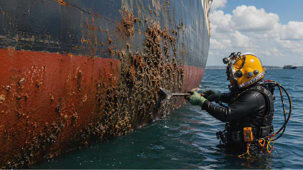 Diver cleaning a vessel hull